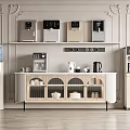 Elegant Room With Decorative Wall Shelves And Cabinet Displaying Multiple Daily Electrical Appliances