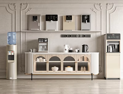 Elegant Room With Decorative Wall Shelves And Cabinet Displaying Multiple Daily Electrical Appliances 3d model