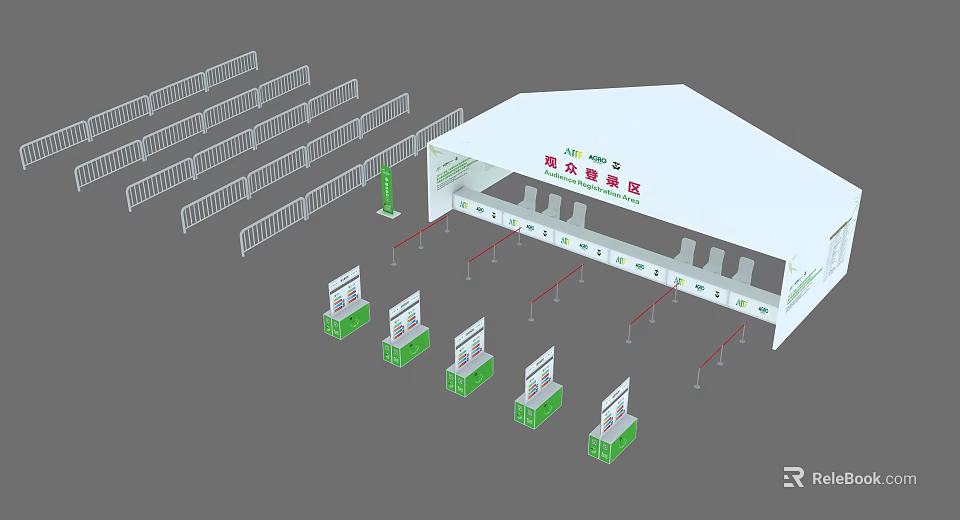 Conference Room Setup For Xi'an Global Exhibition With Green Booths Red Railings And Seating Areas 3d model 