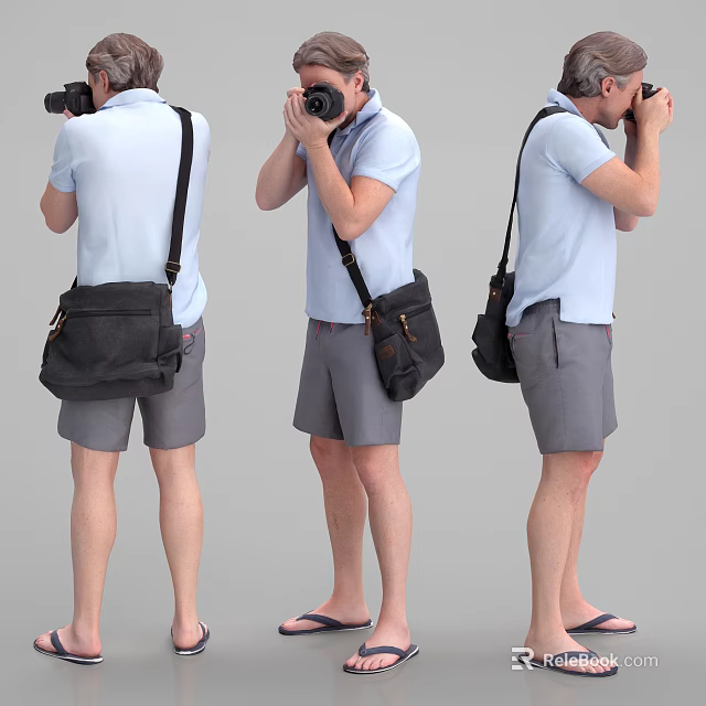 Man with camera taking photos wearing light blue shirt gray shorts and black shoulder bag 3d model 