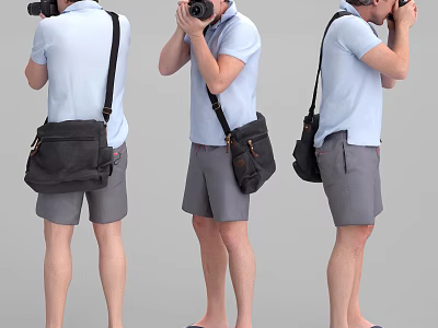 Man with camera taking photos wearing light blue shirt gray shorts and black shoulder bag 3d model
