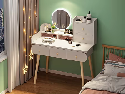 Modern Dressing Table With Round Mirror Wooden Legs Drawers And Star Lights Against Green Wall 3d model