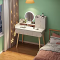 Modern Dressing Table With Round Mirror Wooden Legs Drawers And Star Lights Against Green Wall