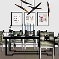 Modern Dining Table And Chairs Set With Striped Fabric Seats Golden Metal Legs And Wall Decor Paintings