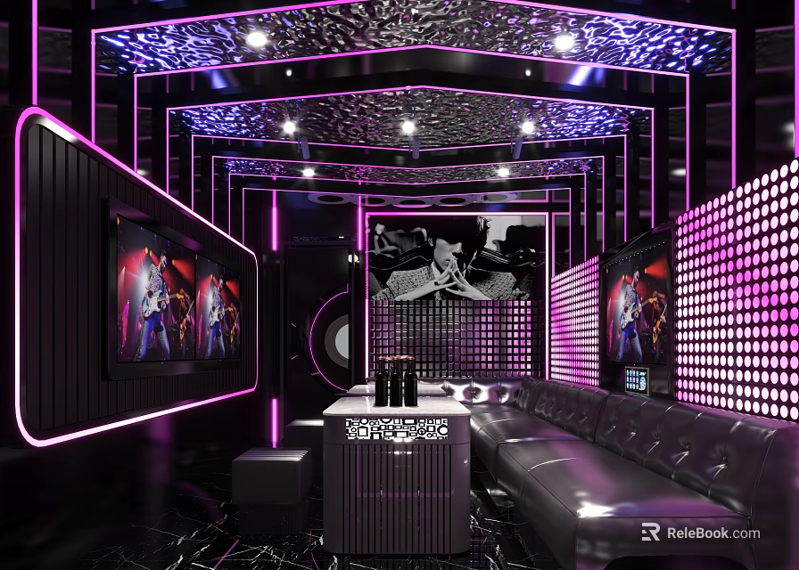 Modern Stylish KTV Room With Purple Neon Lights Black Sofas Decorative Paintings And Bar Counter 3d model 