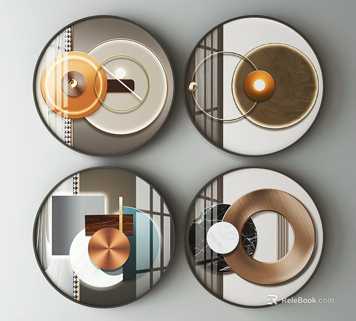 Elegant Modern Round Frame Paintings Wall Art With Geometric Shapes And Metallic Details 3d model 