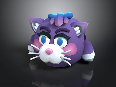 Cartoon Purple Cat Doll with Blue Bow Blue Eyes Pink Cheeks White Paws and Whiskers 3d model