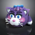 Cartoon Purple Cat Doll with Blue Bow Blue Eyes Pink Cheeks White Paws and Whiskers