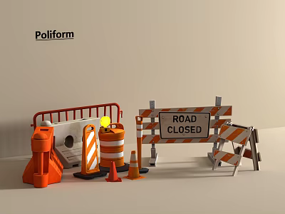 Road Traffic Signs With Road Closed Barriers And Orange Traffic Cones 3d model