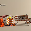Road Traffic Signs With Road Closed Barriers And Orange Traffic Cones