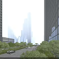 Modern Office Buildings With Glass Facades Urban Skyline And Tree Lined Street View
