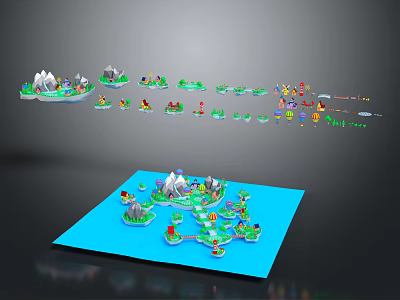 Colorful Cartoon Scene With Floating Islands Blue Water And Small Decorative Elements 3d model
