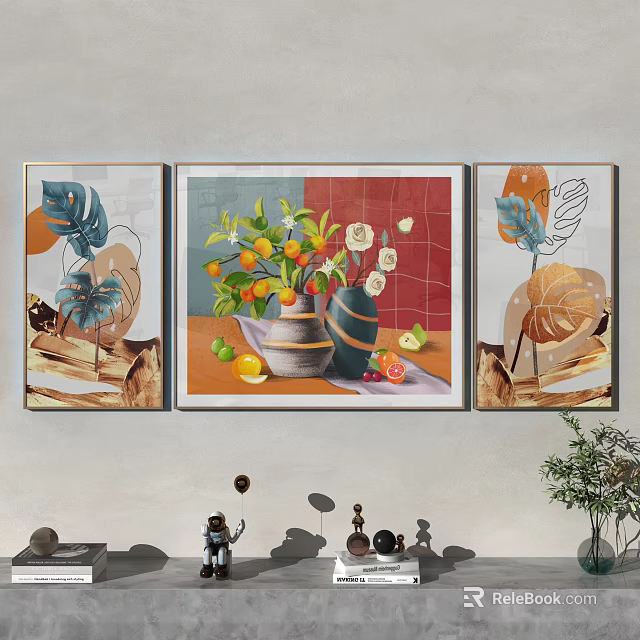 Colorful Three Panel Decorative Wall Art With Fruit Vase And Leaf Patterns 3d model 