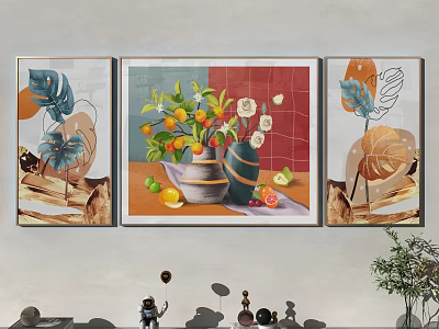 Colorful Three Panel Decorative Wall Art With Fruit Vase And Leaf Patterns 3d model