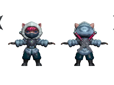 Cat Warrior Characters With Ninja Style Costumes Red Scarf And Gray Weapons 3d model