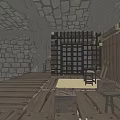 Cartoon Scene Interior With Wooden Structures Stone Walls Two Levels Stone Floor Furniture And Tools