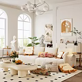 Warm Living Room Interior With White Sofa Chandelier Artwork Green Plants Throw Pillows And Vase