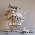 Transparent Glass Vase With Sunflowers Water And Scattered Blooms On Table Against Brown Background