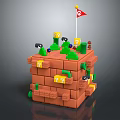 Cartoon Brick Tower Scene with Red Flag Green Grass Yellow Question Marks Characters and Coins