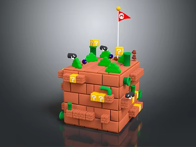 Cartoon Brick Tower Scene with Red Flag Green Grass Yellow Question Marks Characters and Coins 3d model