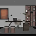 Modern Study Room With Wooden Desk Laptop Chair Decorative Painting Brown Stools And Illuminated Shelves