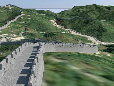 Great Wall Scenery With Winding Stone Walls Along Green Mountainous Landscape 3d model