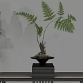 Elegant Fern Bonsai Plant in Dark Pot on Wooden Stand with Mountain Painting Background