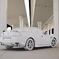 Showroom Interior Displaying Black Sports Car With Concrete Pillars High Ceiling And Bright Lighting