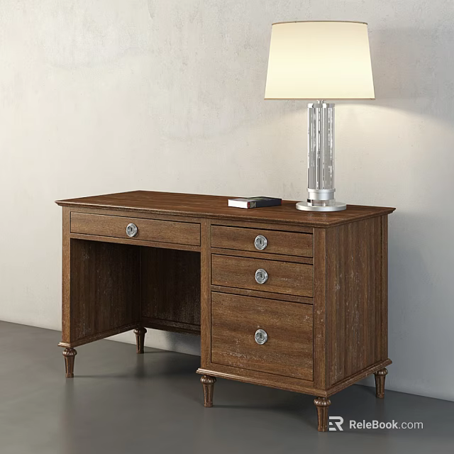Wooden Office Desk With Drawers Table Lamp And Books On Tabletop 3d model 