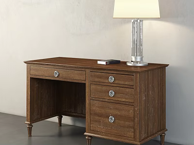 Wooden Office Desk With Drawers Table Lamp And Books On Tabletop 3d model