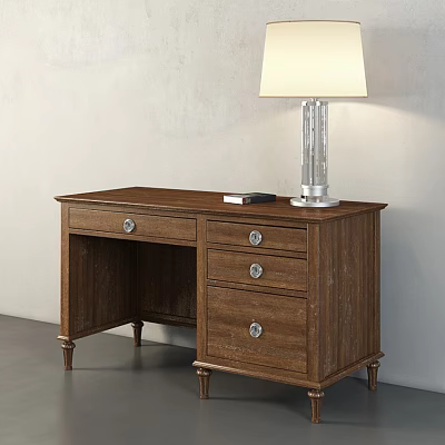 Wooden Office Desk With Drawers Table Lamp And Books On Tabletop 3d model