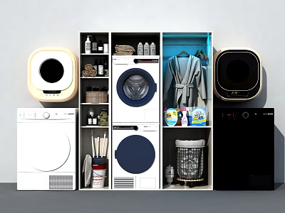 Functional Bathroom Storage Cabinet With Washing Machine Dryer Towels And Organized Supplies 3d model