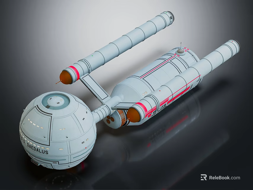 Detailed Explorer Spacecraft Model With Spherical Module Long Cylindrical Structures And Orange Thrusters 3d model 
