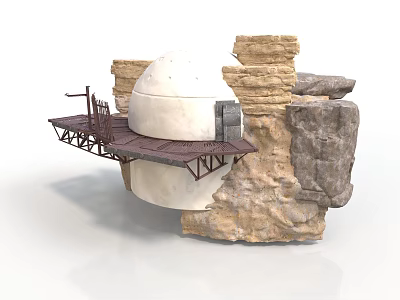 White Dome Structure On Rock Formation With Wooden Platform And Railings 3d model