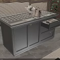 Black Cabinet With Open Drawer And Items On Top Near Window Blinds And Plant