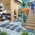 Modern Living Dining Room Interior With Hanging Chandelier Sofa Coffee Table And Outdoor Cactus View