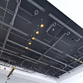 Black Ceiling Design with Metal Framework Orange Pendant Lights and Ventilation Openings 3d model
