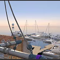 Scenic Sunset Over Calm Sea With Moored Sailboats At Wooden Dock And Orange Sky