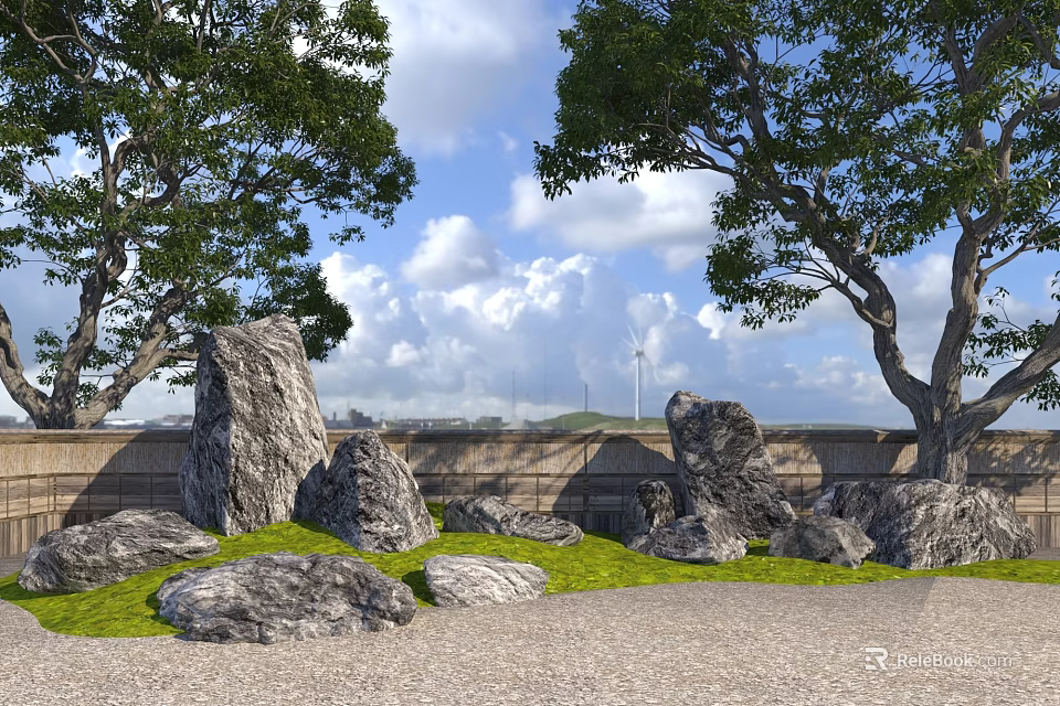 Natural Rockery Stones Arrangement With Green Grass And Trees Under Blue Sky 3d model 