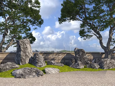 Natural Rockery Stones Arrangement With Green Grass And Trees Under Blue Sky 3d model