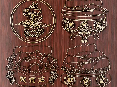 Traditional Chinese Carving Art With Flower Patterns And Treasure Basins On Wooden Surface 3d model