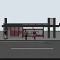 Traditional Red Framed Bus Shelter At Station With Waiting People And Nearby Bus