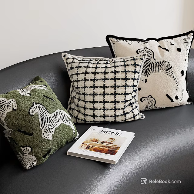 Stylish Decorative Pillows With Green Zebra Prints Black White Checkered Design And Dots 3d model 