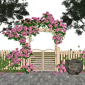 Garden Entrance Gate Decorated With Pink Roses Green Vines And Archway