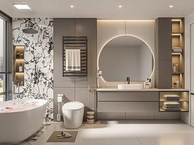 Stylish Modern Bathroom Interior With Freestanding Bathtub Round Mirror Vanity And Decorative Wall Lighting 3d model