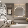 Stylish Modern Bathroom Interior With Freestanding Bathtub Round Mirror Vanity And Decorative Wall Lighting
