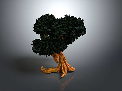 Artistic 3D Decorative Tree with Orange Curved Roots and Dark Green Leaves 3d model