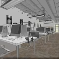 Modern Public Office Space With Workstations Monitors Office Chairs And Ceiling Lighting 3d model