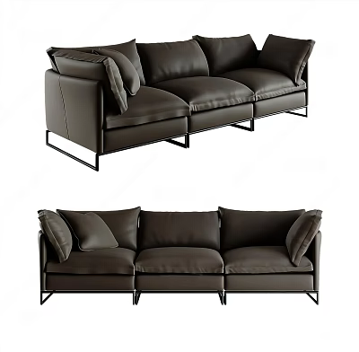 Modern Dark Brown Leather Three-Seater Sofa With Metal Frame And Soft Cushions 3d model