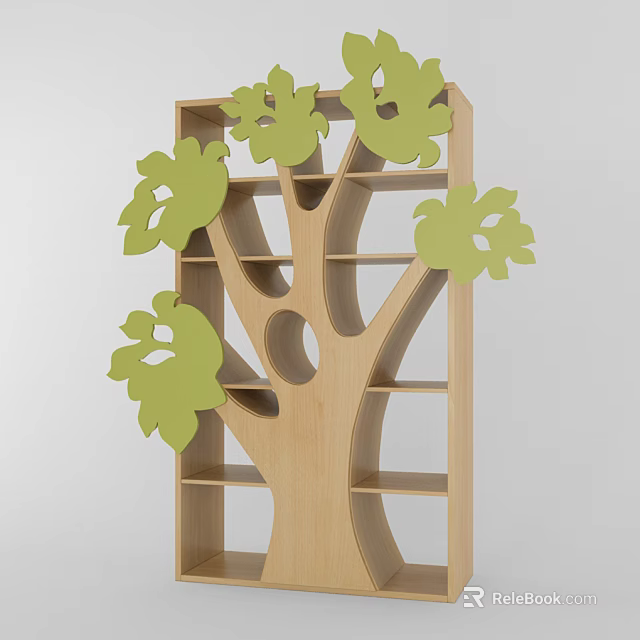 Tree Shaped Wooden Storage Shelf With Green Leaf Decor And Multiple Compartments 3d model